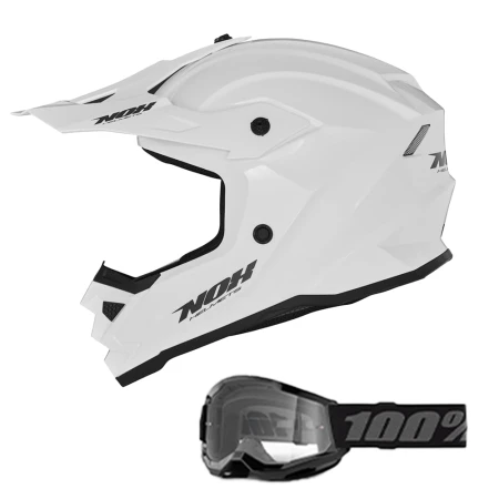 KASK NOX CROSS / OFFROAD N761 SOLID KID / JUNIOR (DZIECIĘCY) KOLOR BIAŁY POŁYSK + OKULARY 100%